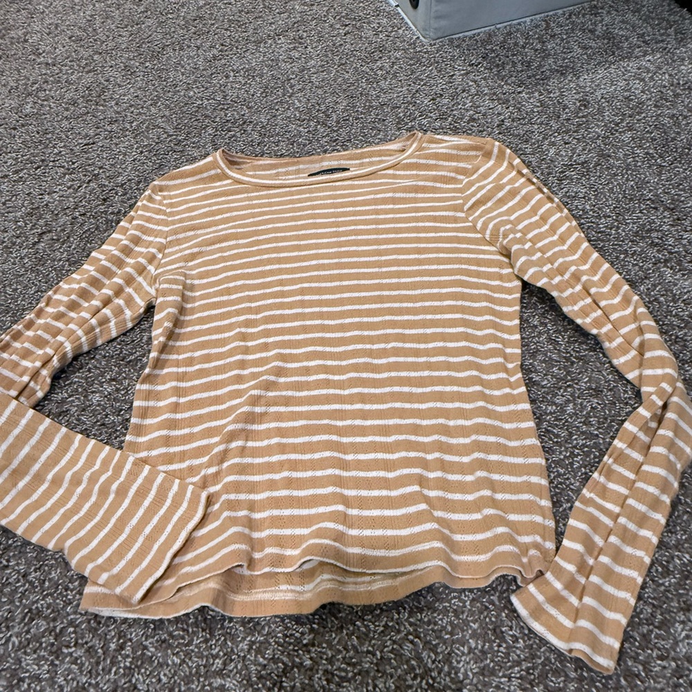 American Eagle Outfitters Tan and White Striped Long Sleeve Tee